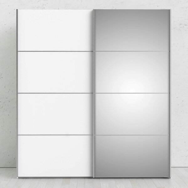 Wyld Haus Bordeaux Wide White and Mirror Double Sliding Door Wardrobe 5 Shelves 180cm