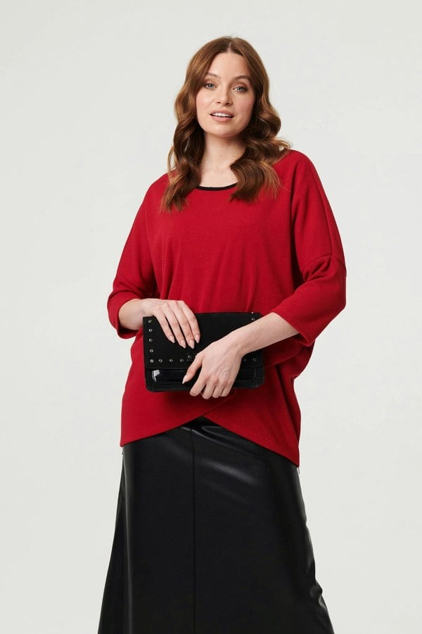 Red | Asymmetric Zip Hem 3/4 Sleeve Tunic Top
