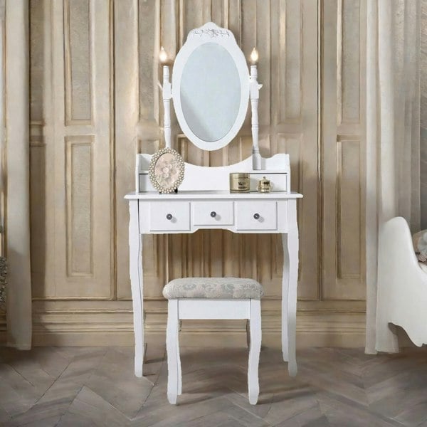 Rafaelo Mobilia 5 Drawer White Dressing Table With Round Mirror And Stool