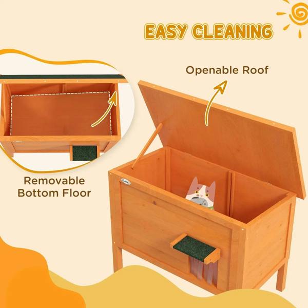 Orange wooden cat house interior with openable roof and removable bottom floor