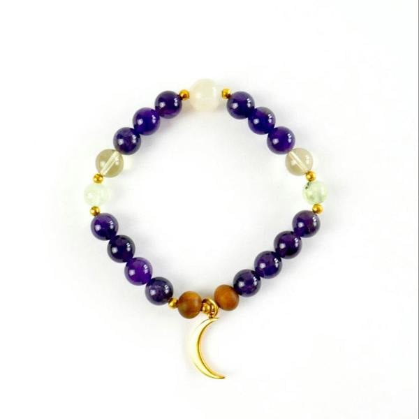 Kati Kaia Amethyst Crystal Pure Mala Prehnite and Lemon Quartz bracelet in purple and green gemstone