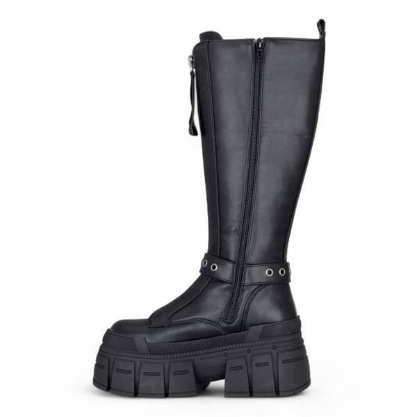 Buffalo Womens Biker Knee High Black Chunky Goth Platform Boots - Gospher Hi