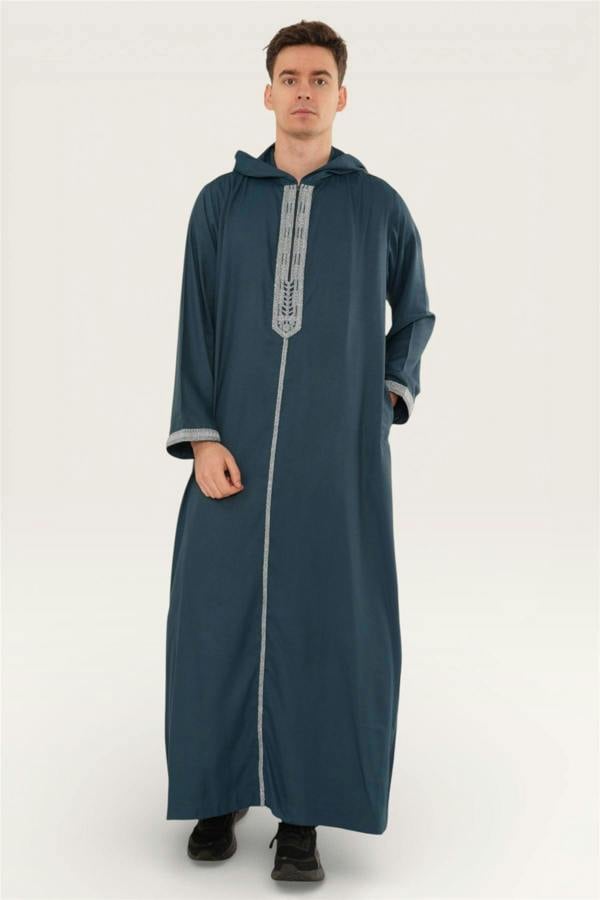 Infinity Leather Men's Hooded Moroccan Embroidery Djellaba Islamic Jubba Robe Eid Ramadan Thobe