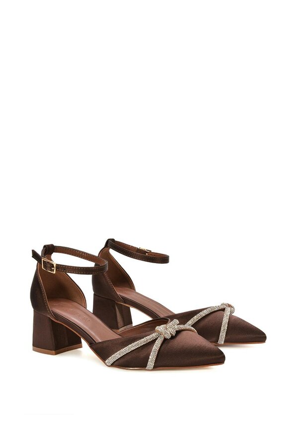 XY LONDON Ankle Strap Pointed Toe Diamante Mid Block Heels