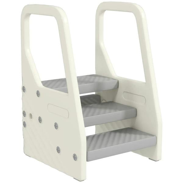 Grey adjustable 3-step toddler tower with side handles and anti-slip steps