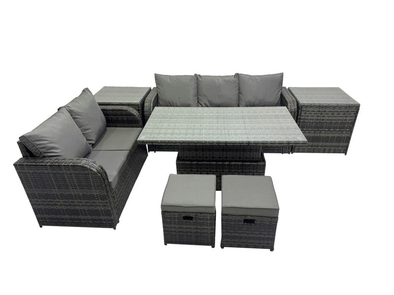 Fimous Rattan Garden Furniture Dining Set 7 seater Patio Height Adjustable Rising Lifting Table Sofa Set with 2 Small Footstools Dark Grey Mixed