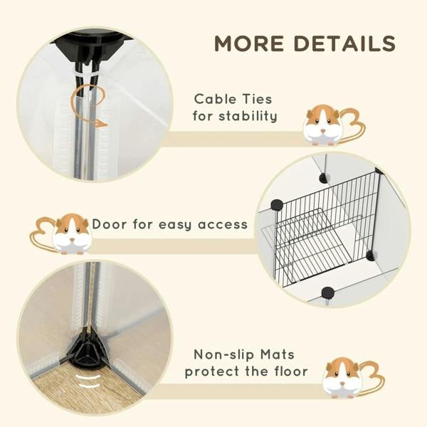 White pet playpen details showing door access, cable ties, and non-slip floor mats