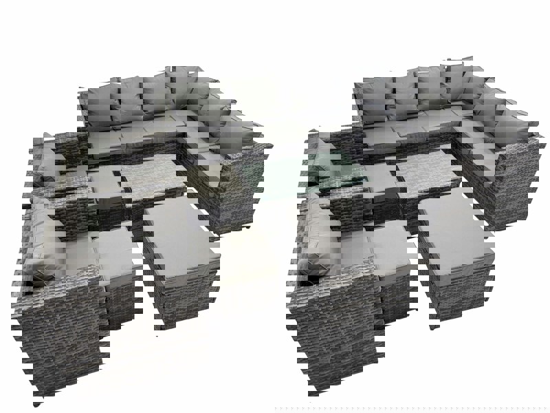 Fimous Patio Sofa Oblong Coffee Table Set Rattan Garden Furniture Set with 2 Chairs 3 Stools Dark Grey Mixed