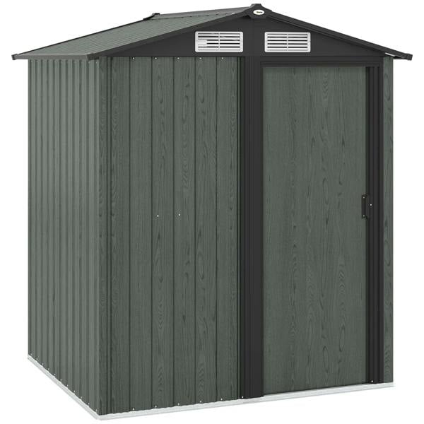 Grey wood-effect outdoor storage shed with single door and two upper vents