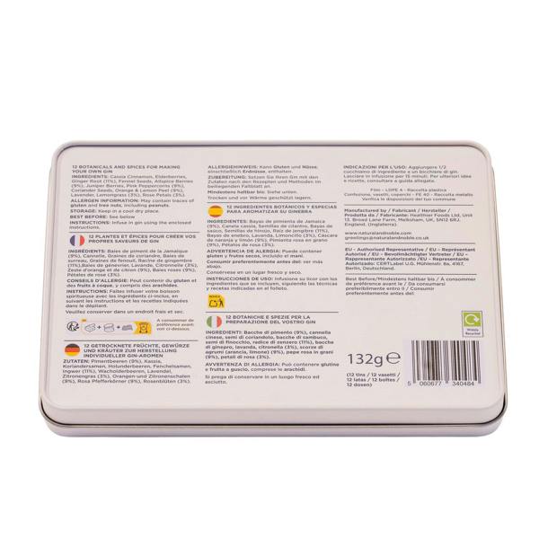 Rear of a Natural & Noble DIY Gin Kit Tin Showing Ingredients and Instructions