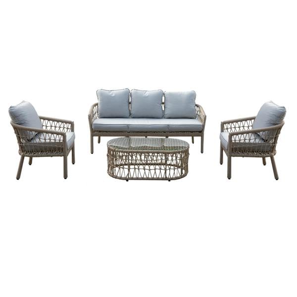Shatchi Capri 5-Seater Natural Woven Rattan Garden Furniture Sofa Set with Open Weave Design & Coffee Table
