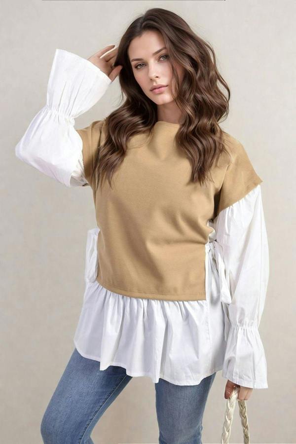 Alicia Side Tie Contrast Long Sleeve Knit Frill Top - Mocha