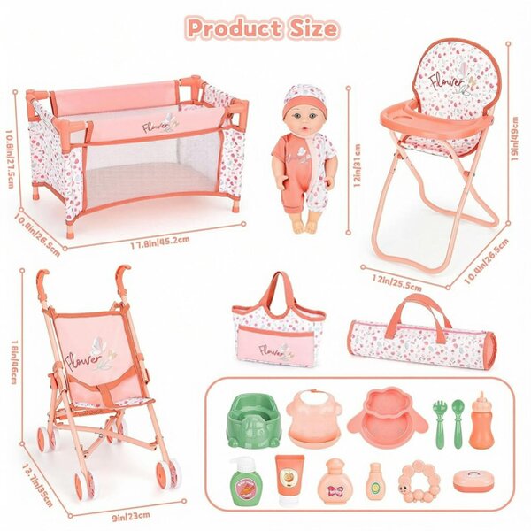 deAO Baby Doll Stroller Nursery Playset with 12" Doll, Crib, High Chair & Accessories (Ages 3+)