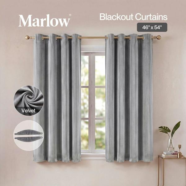 Marlow Thick Thermal Blackout Curtains Velvet 46x54 Inch Eyelet Ring Top Grey