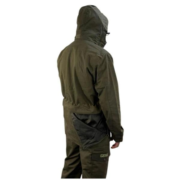 Man wearing the Game Forrester jacket showcasing the hood and poachers pocket at the rear