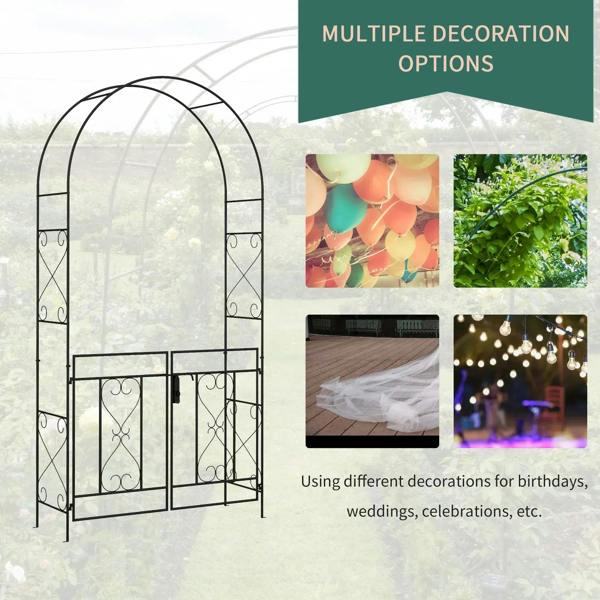 Black metal garden arch double gate with decorative hanging options and photo examples