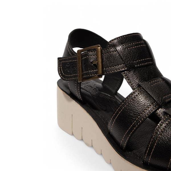 Fly London Women's YUDD236FLY Black Mousse Leather Wedge Sandals