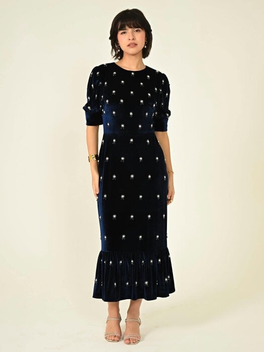 Rose & Nancy Stevie Navy Velvet Hand Embellished Midi Dress