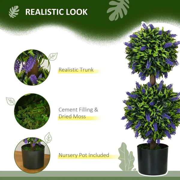 Artificial lavender flower ball tree in a black pot with green leaves and purple blooms