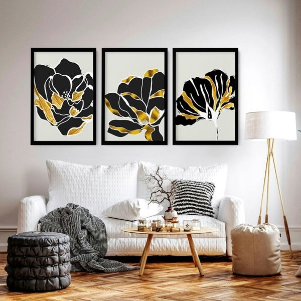 Artwork for living room | set of 3 wall art with gold