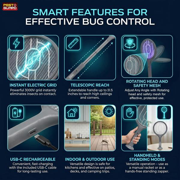 Electric Bug Zapper Telescopic Fly Swatter Racket - USB Type C Rechargeable with Rotatable Head For Mosquito & Flying Insect Control