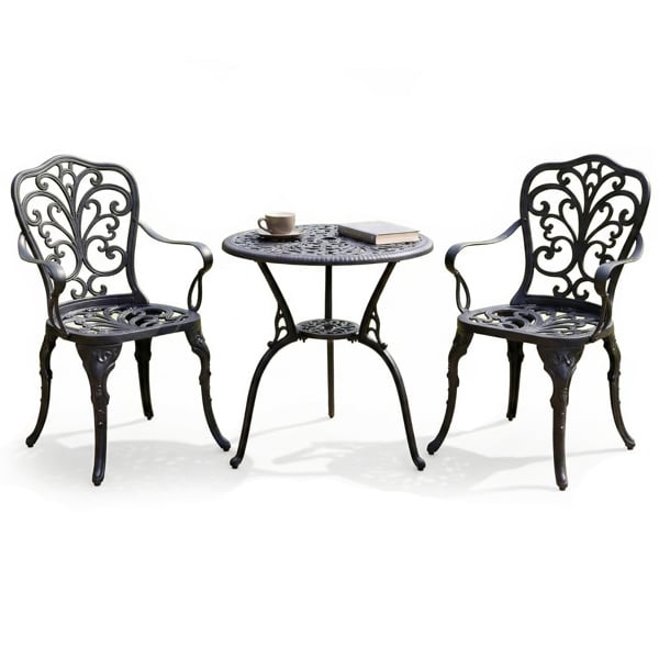 Centurion Supports BANGUI Black Garden and Patio Table and 2 Chairs Cast Aluminium Bistro Set