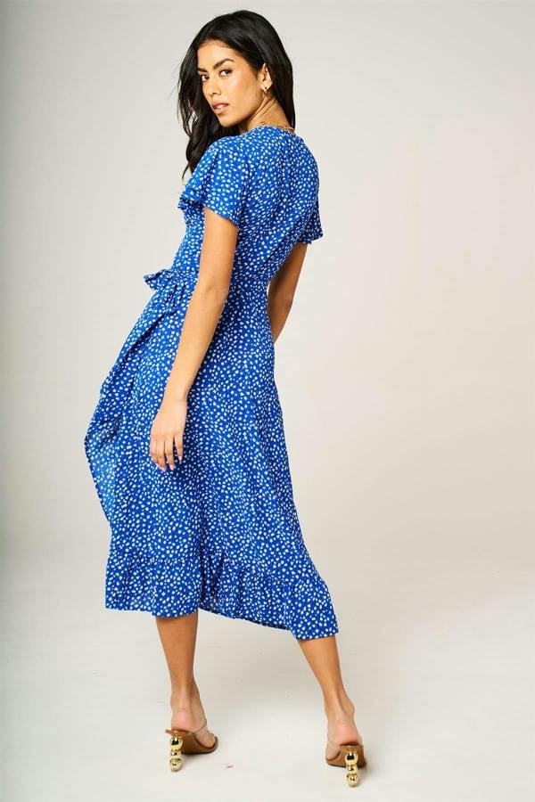 FS Collection Hem Frill Detail Little Floral Print Wrap Dress In Blue
