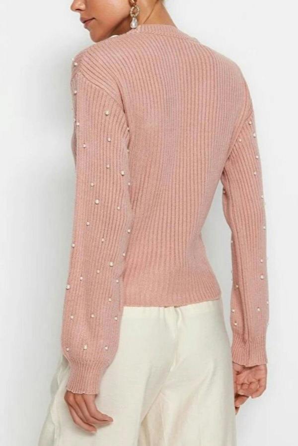 WOVCOR Crew Neck Knit Sweater with Pearl Details