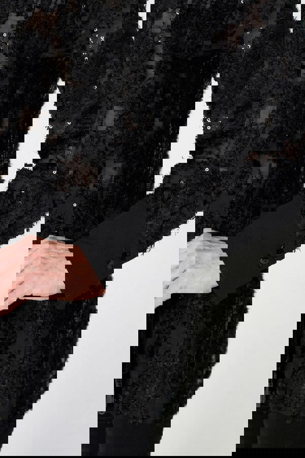 Black | Floral Sequin Lace Long Sleeve Shirt
