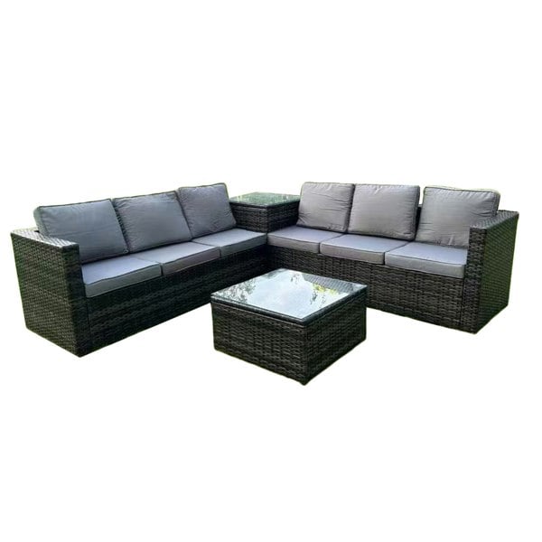 Furniture One Rattan Corner 6 Seater Sofa Set, Padded Garden Lounge Set with Side Table & Tempered Glass Coffee Table