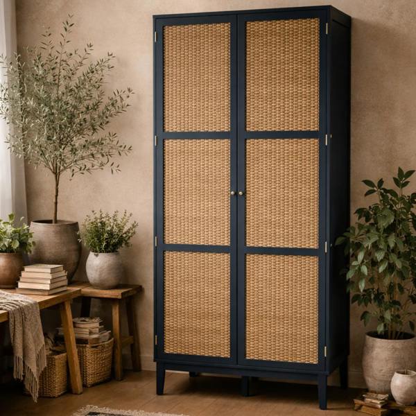 Wyld Haus Waterford Blue Oak Wood and Rattan 2 Door Wardrobe