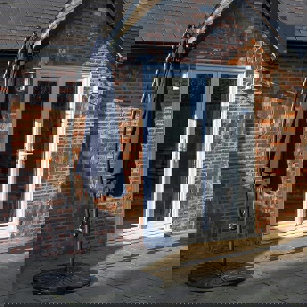 Samuel Alexander Outdoor 4 Person Round Glass Top Garden Dining Table Chairs With Blue Banana Parasol and Base Set