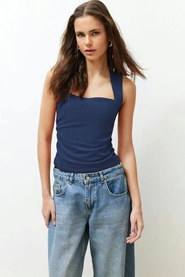 Hoxton Gal Plain Square-Neck Ruched Fitted Stretch Knit Blouse