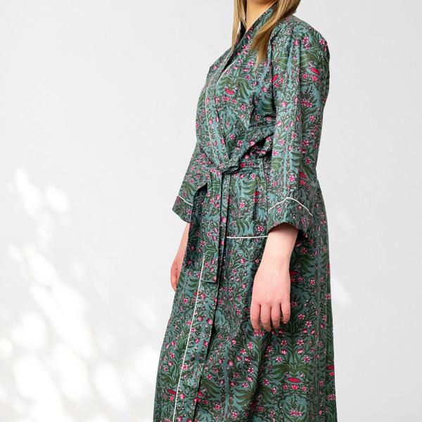 Hayley & Co Grey and Pink Flower Print 100% Cotton Dressing Gown