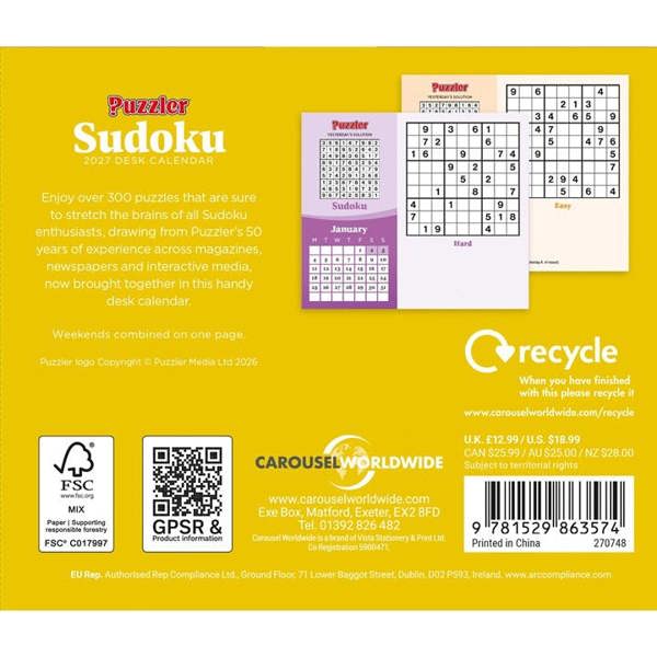 Sudoku, Puzzler Desk Calendar 2027, Desk Calendars, Day To View, Entertainment, Gift