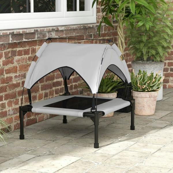 Light grey cooling raised pet bed with canopy cover and elevated mesh base