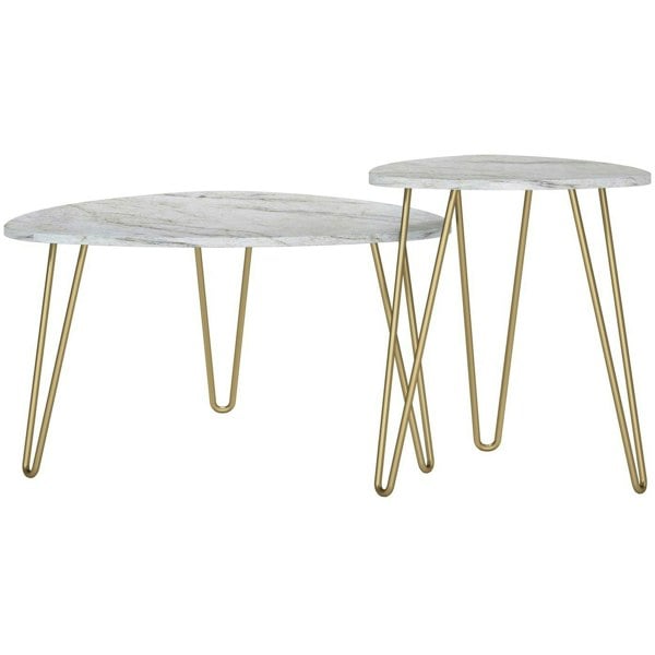 Dorel Home Athena Nesting Tables in White Faux Marble / Golden Legs