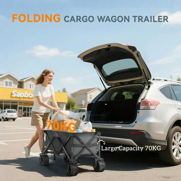 Dark grey folding cargo wagon trailer open for loading with telescopic handle
