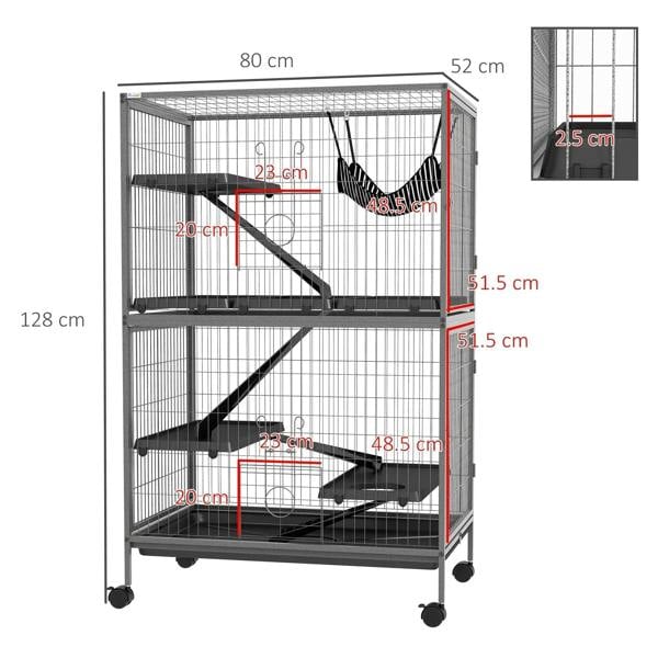 Grey wire small animal cage with hammock and tiered shelves, with size measurement diagram.