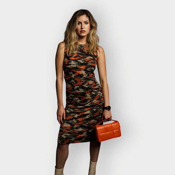 Women's Summer Mid Size Orange Green Grey Camouflage Bodycon Midi Dress styled with an orange handbag a for a modern, stylish look.