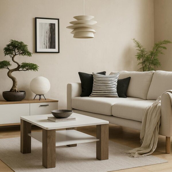 Wyld Haus Porto Square Gloss White Coffee Table with Oak Detail 1 Shelf