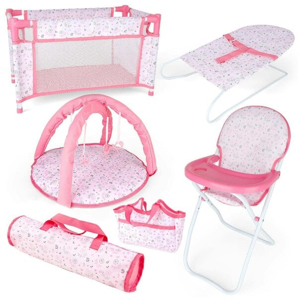 deAO Toys 4-in-1 Baby Doll Pretend Play Set - Highchair, Bed, Cradle & Play Mat, Durable Role Play Furniture(Doll Not Included)