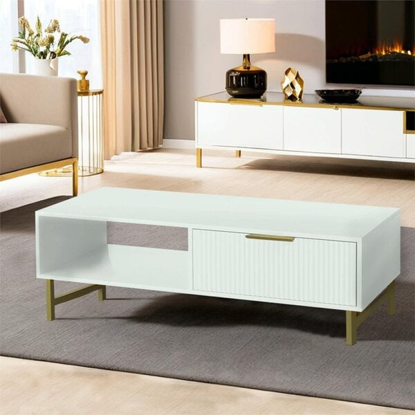 Kosy Koala Modern White Coffee Table with Storage, Gold Metal Legs and Handles