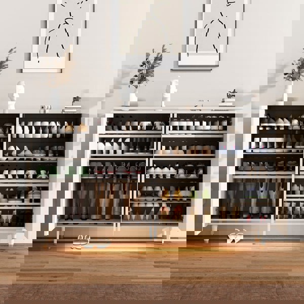 Mia Shoe Storage, Cream in a lifestyle setting with black shoe storage cabinet