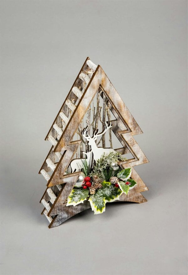 Shatchi 38cm and 48cm Wooden LED Reindeer Scene Christmas Tree Tabletop Decorations with Warm White Micro Rice Lights