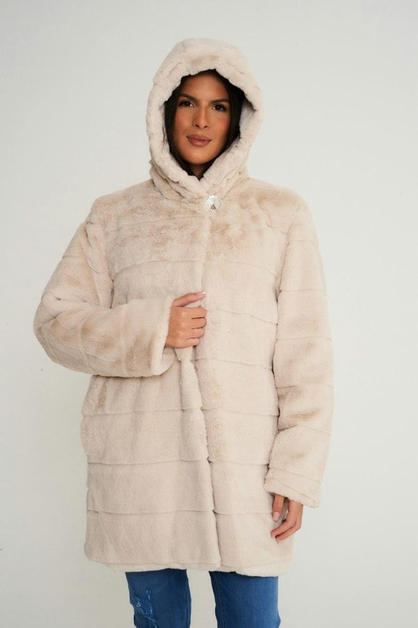 Elle Ladies hooded Faux Fur Coat - Cream