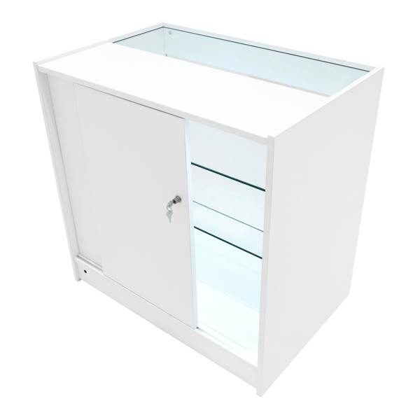 Vega LED Shop Counter Set in white, featuring a sleek design with glass shelves, a sliding door, and built-in lighting for display