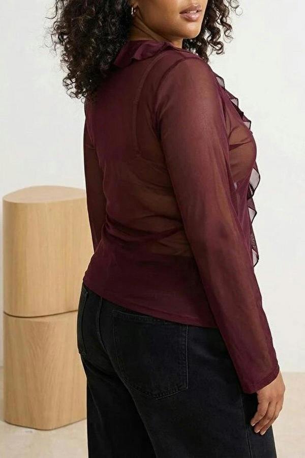 WOVCOR Tie-Up Tulle Knit Plus Size Blouse