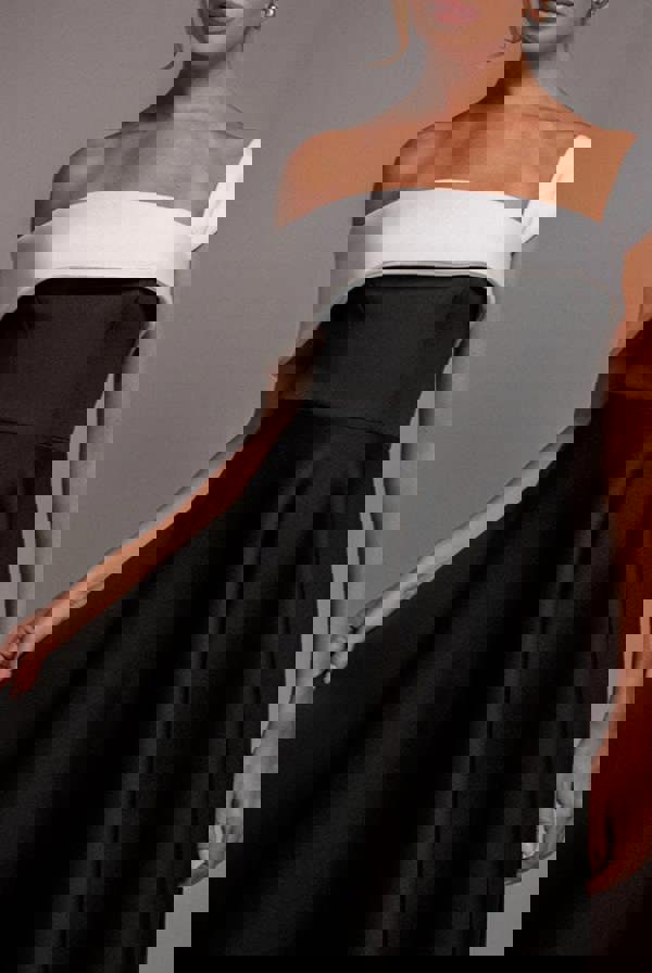 One Shoulder A Line Midi Dress - Black Cream DR4949