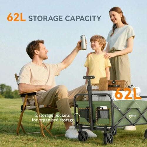 Bobobiy 62L Festival Trolley on Wheels, 120kg Heavy Duty Collapsible Folding Wagon with Adjustable Handle and Carrying Bag for Beach, Green